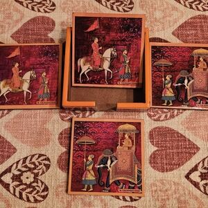 The Bombay Store King Procession Square Coasters Set of 4 with Holder